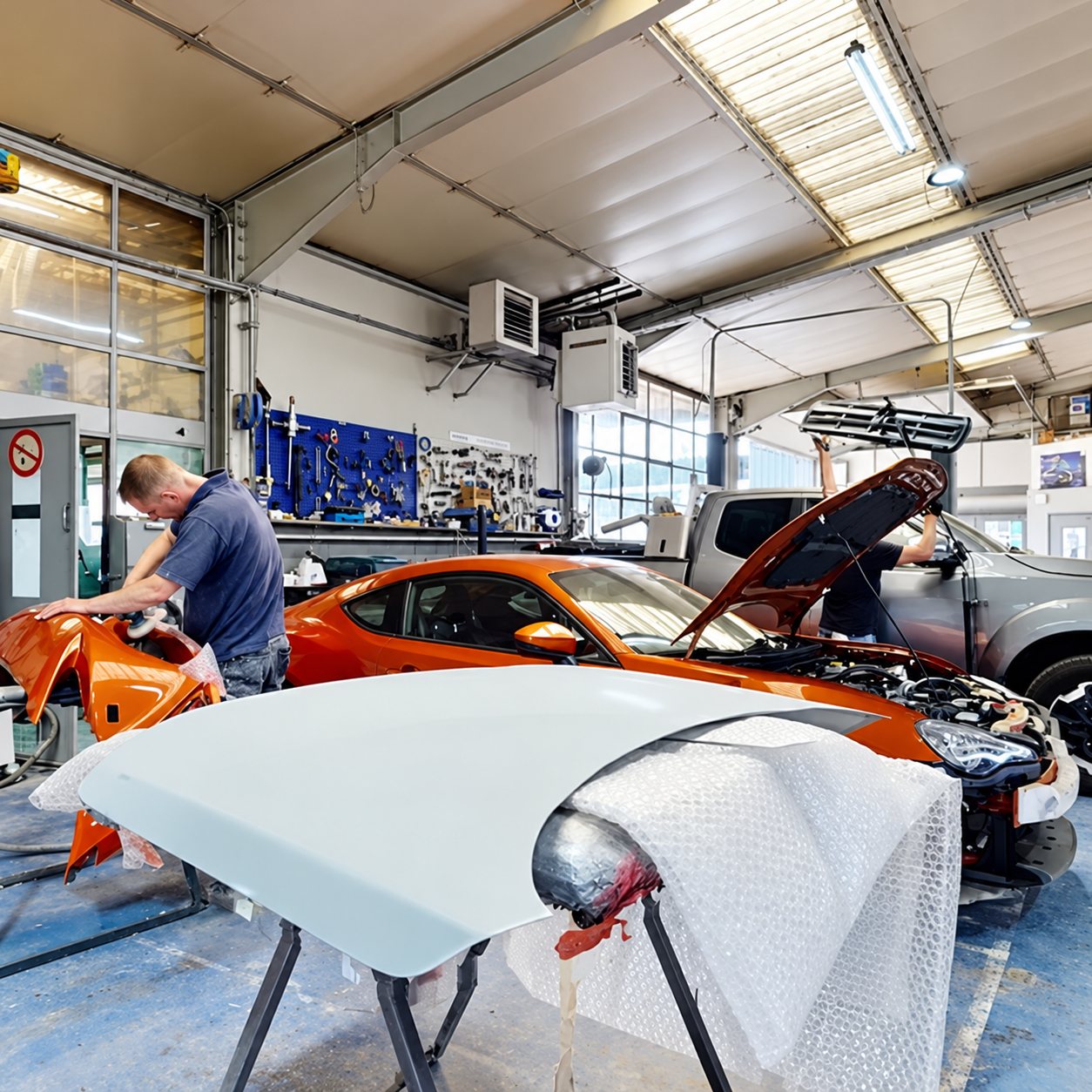 Dans un atelier de carrosserie, un employé travaille sur une voiture de sport orange au capot ouvert, à côté d'un capot recouvert de film protecteur.