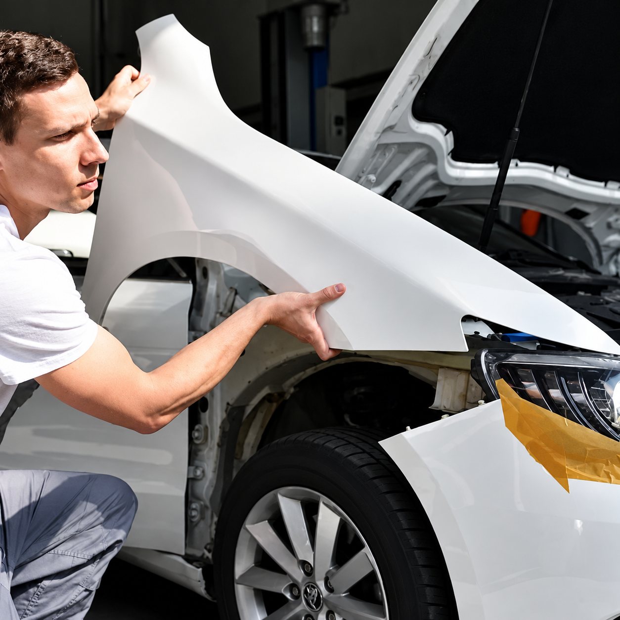 Un carrossier ajuste une aile blanche sur une voiture en réparation.
