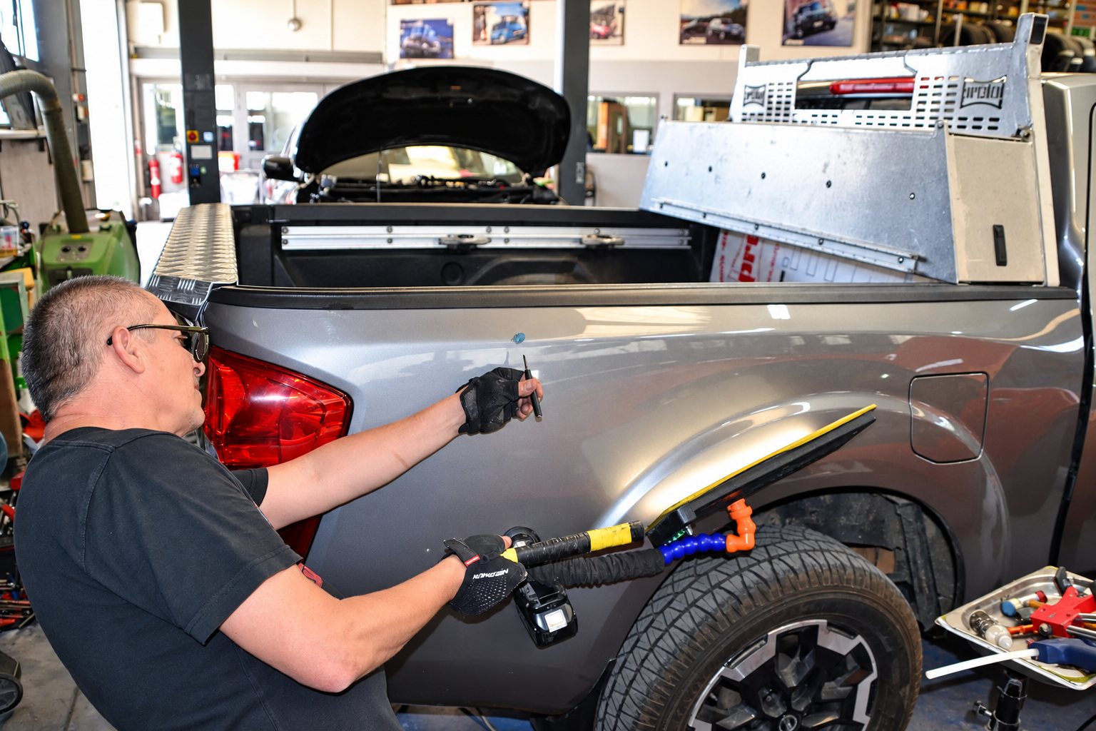 Un carrossier répare l’aile d’un pick-up gris dans l’atelier.