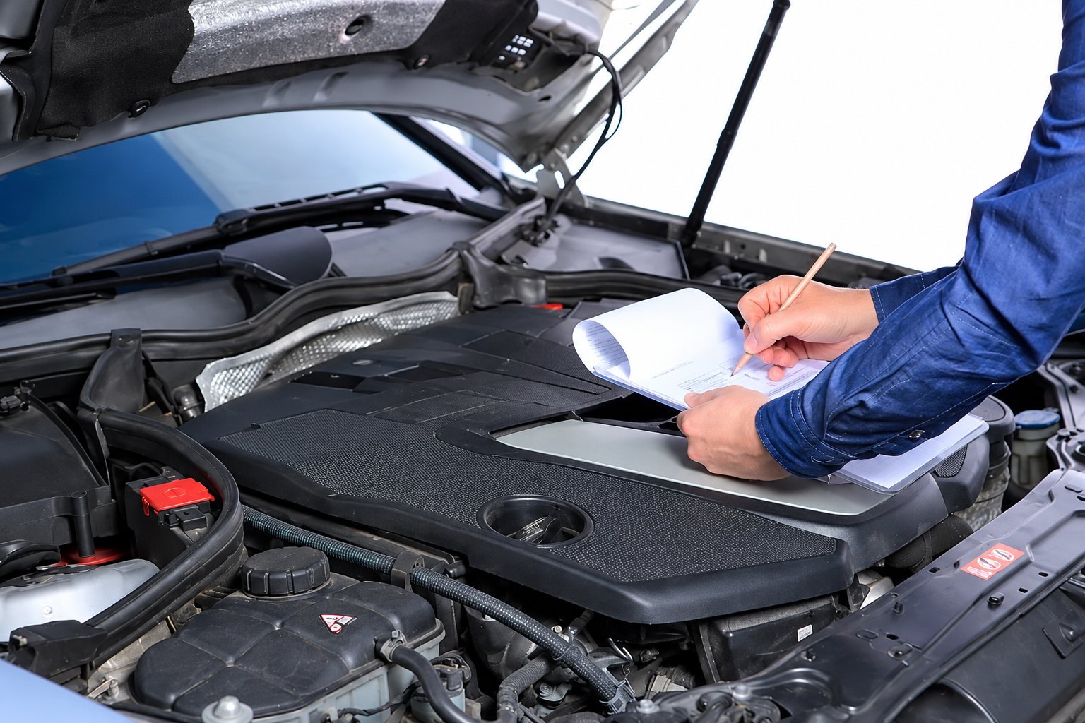 Un mécanicien inspecte le moteur d’une voiture, capot ouvert.
