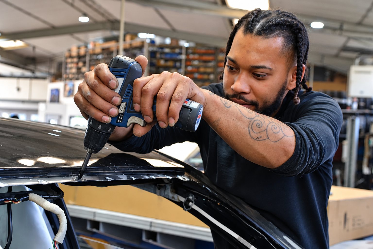 Un mécanicien perce une pièce de carrosserie avec une perceuse.