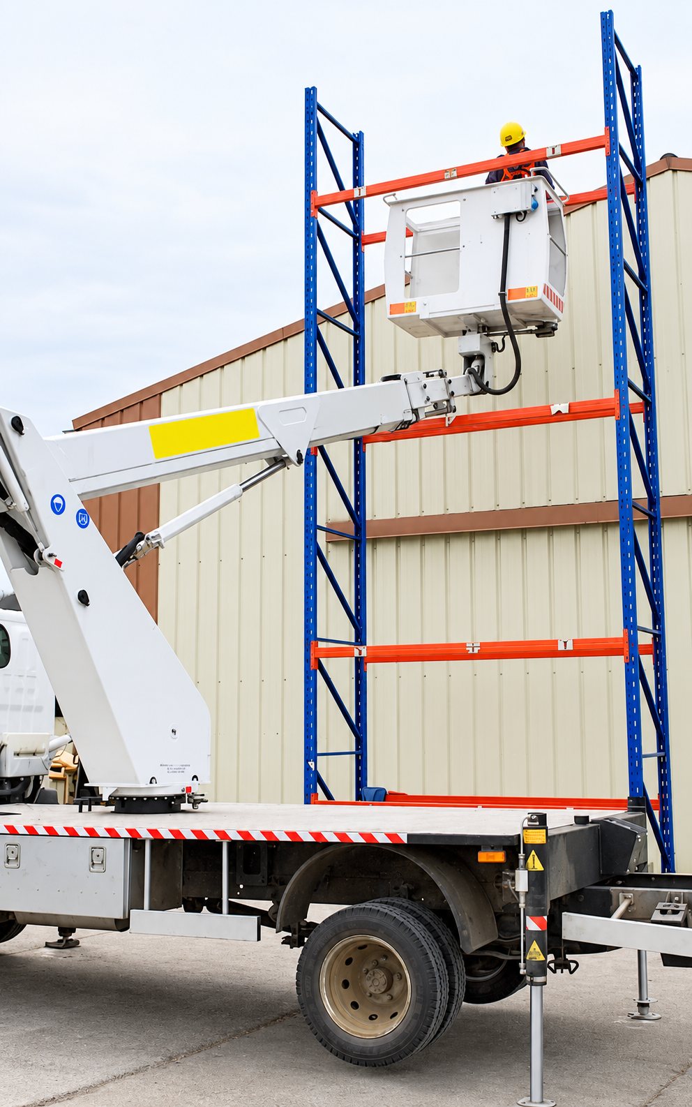 Une nacelle élévatrice montée sur camion devant des rayonnages industriels métalliques.