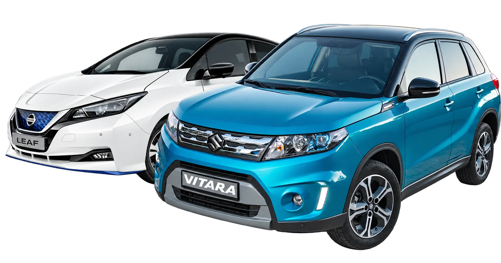 Une Nissan Leaf blanche et un Suzuki Vitara bleu turquoise côte à côte.