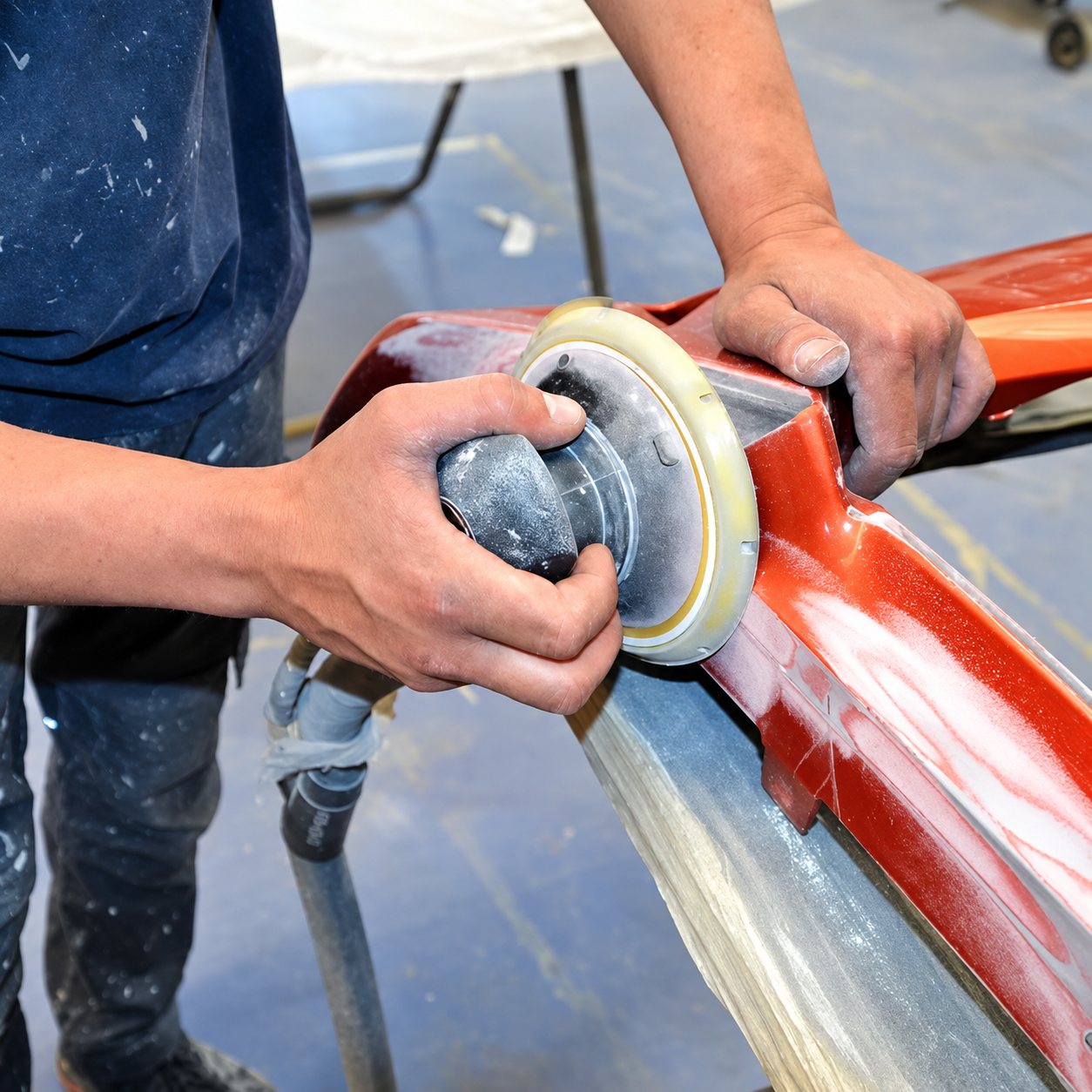 Un ouvrier ponce une pièce de carrosserie rouge dans l’atelier.